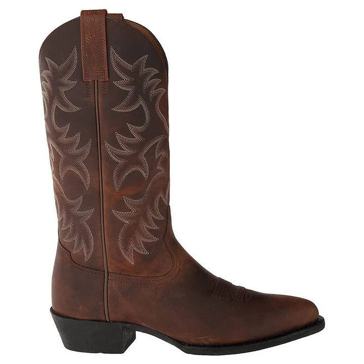 Pointed Toe Cowboy Boots with Mid Calf Shaft and Structured Heel, Rubber Sole