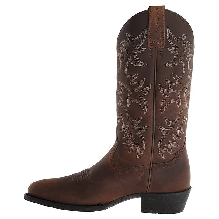 Pointed Toe Cowboy Boots with Mid Calf Shaft and Structured Heel, Rubber Sole