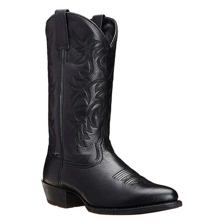 Pointed Toe Cowboy Boots with Mid Calf Shaft and Structured Heel, Rubber Sole