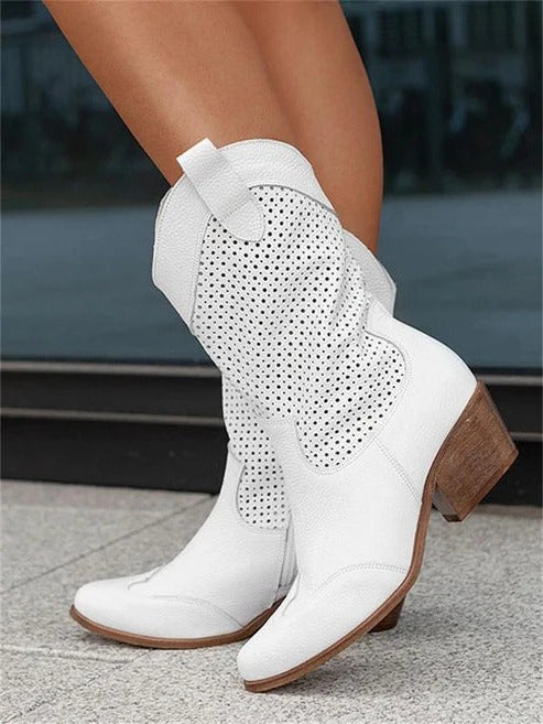 Womens Perforated Cowboy Boots with Block Heel and Western Design