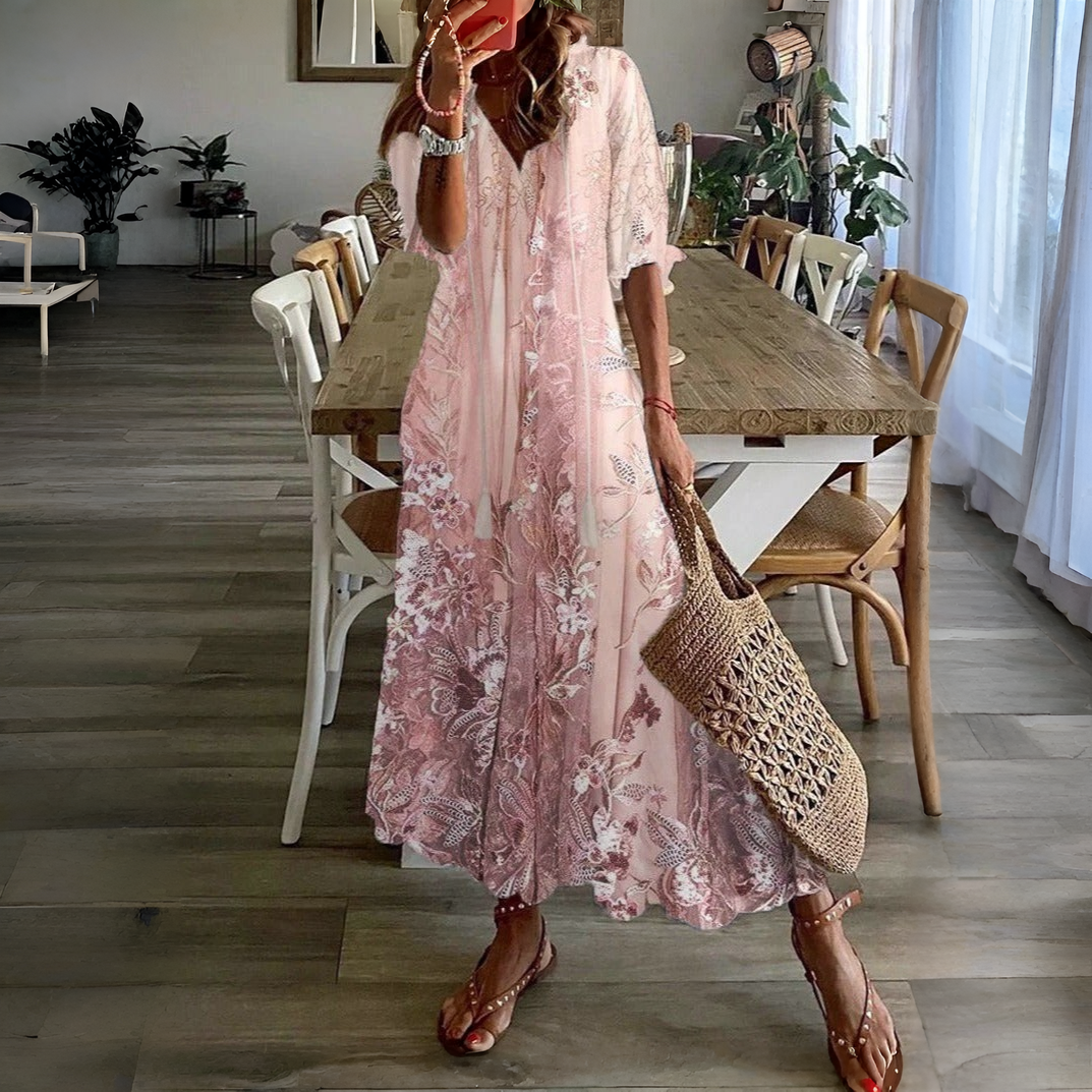 Floral Maxi Dress with V-Neckline and Half Sleeves, Lace-Inspired Details