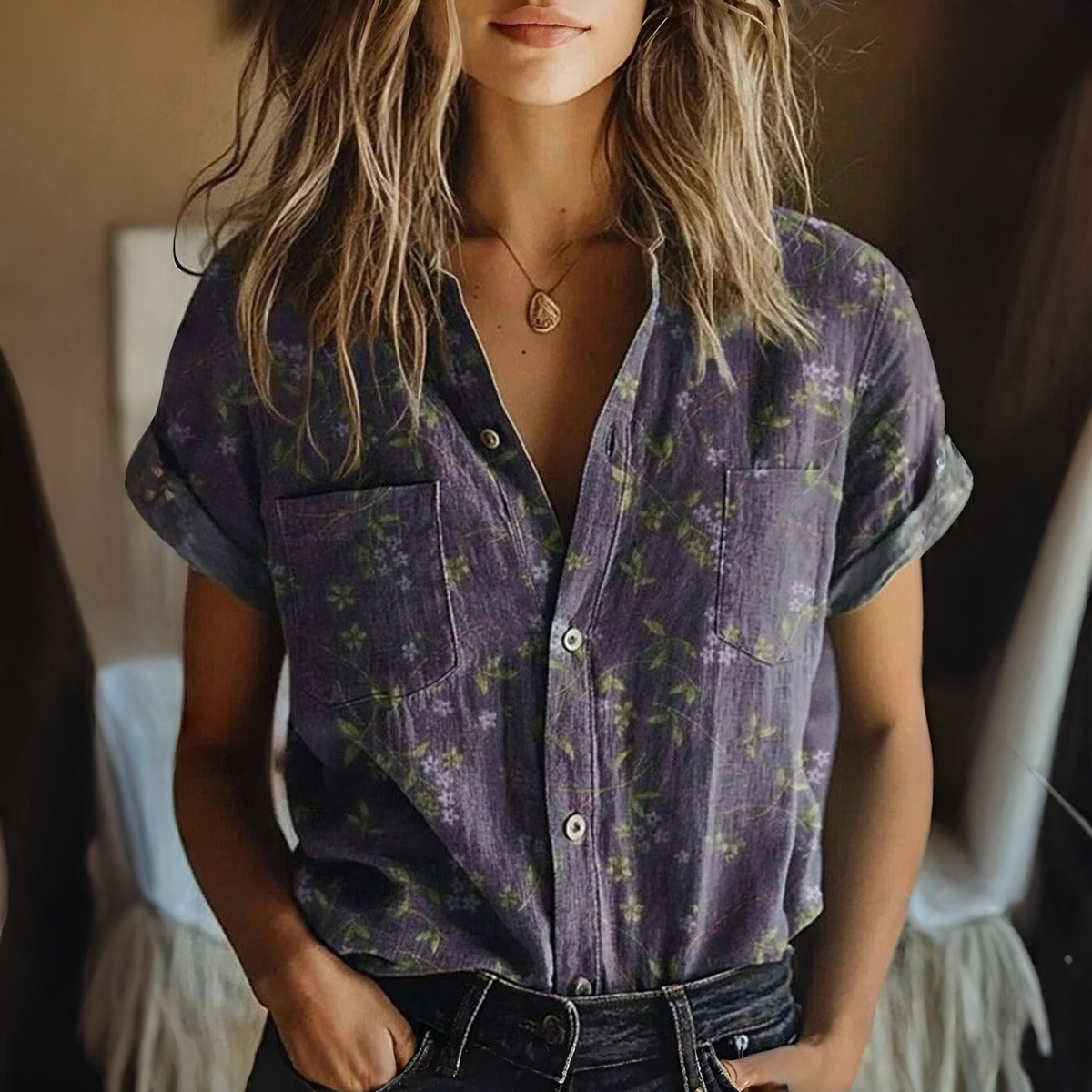 Floral Lapel Blouse with Short Sleeves and Breathable Fabric