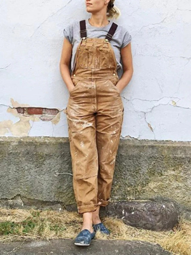 Utility Bib Overalls with Adjustable Straps and Wide Leg Multiple Pockets