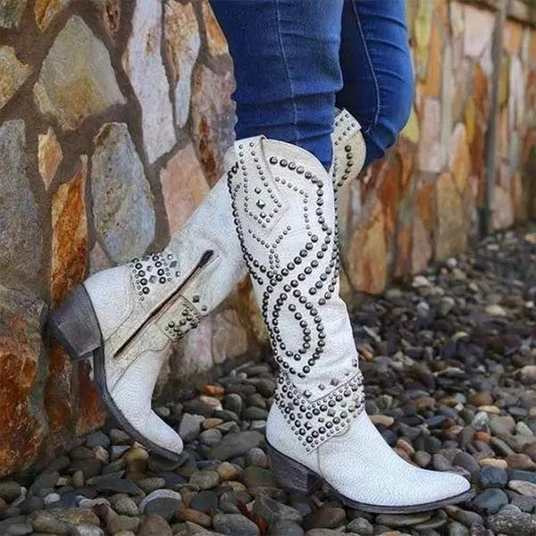 Pointed Toe Knee High Boots with Metal Studs and Side Zipper