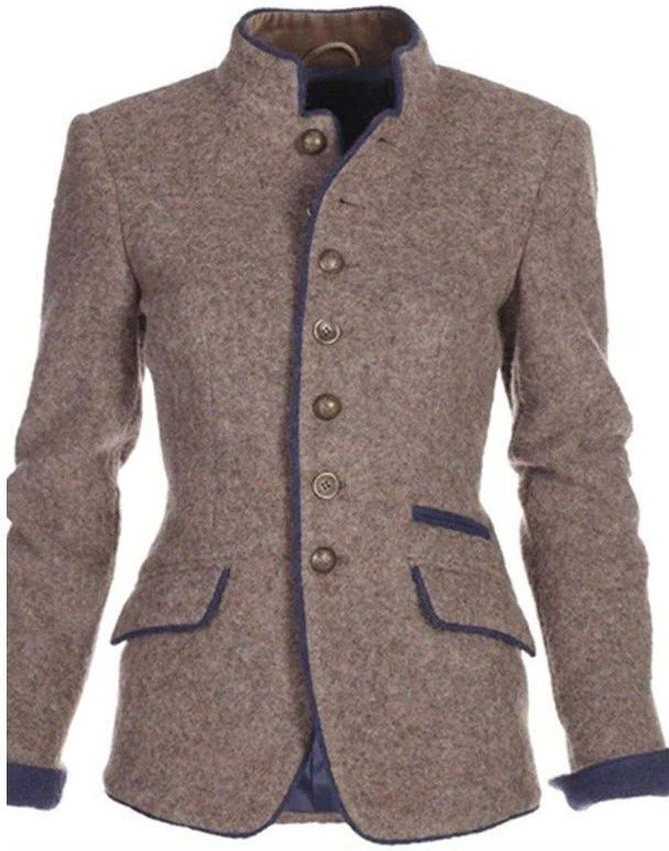 Stand Collar Blazer with Two Tone Color Blocking and Button Front, Cropped Hip Length