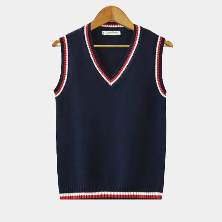 V-Neck Sweater Vest with Ribbed Knit Finish and Striped Accents