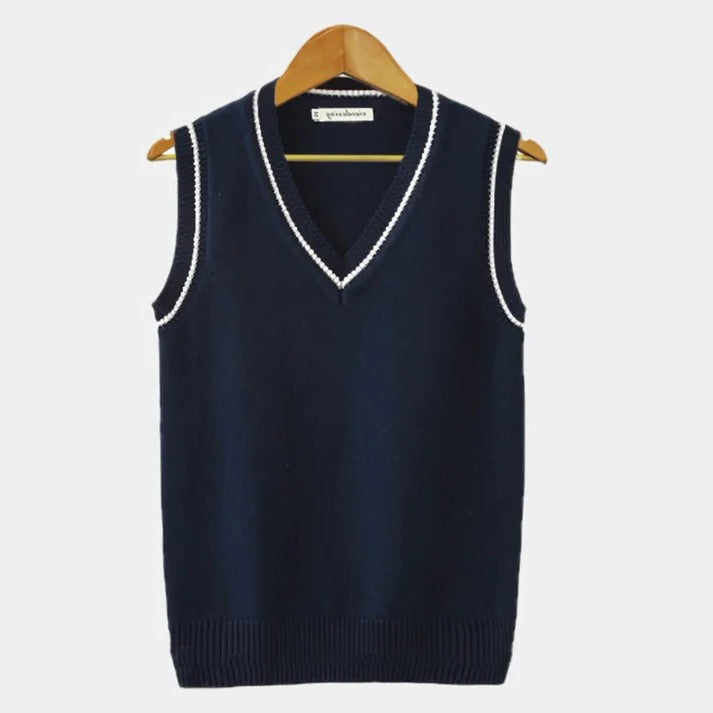 V-Neck Sweater Vest with Ribbed Knit Finish and Striped Accents