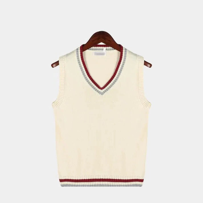 V-Neck Sweater Vest with Ribbed Knit Finish and Striped Accents