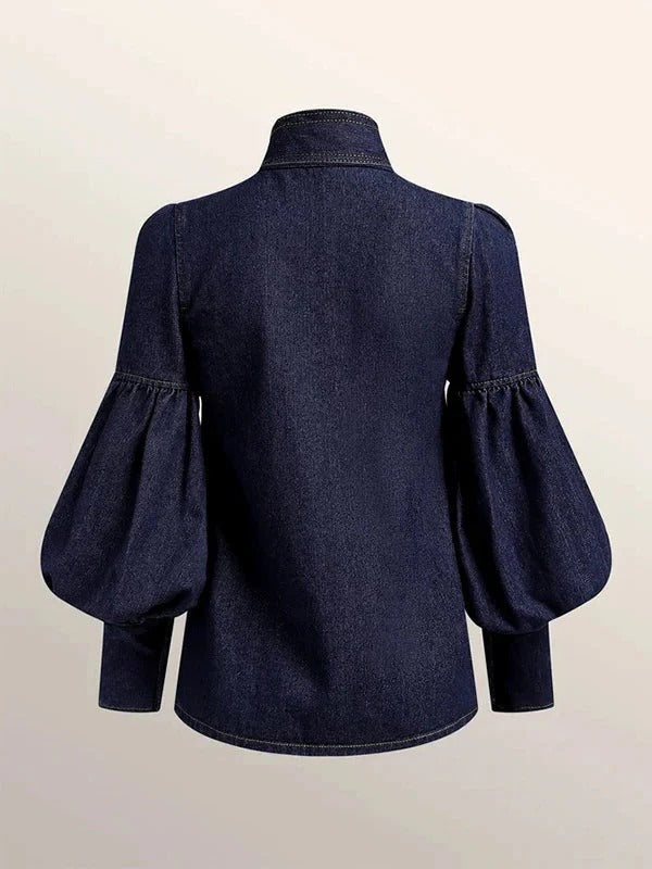 Denim Blouse with Adjustable Bow Tie and Long Puff Sleeves