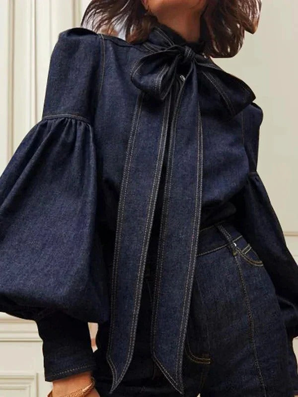 Denim Blouse with Adjustable Bow Tie and Long Puff Sleeves
