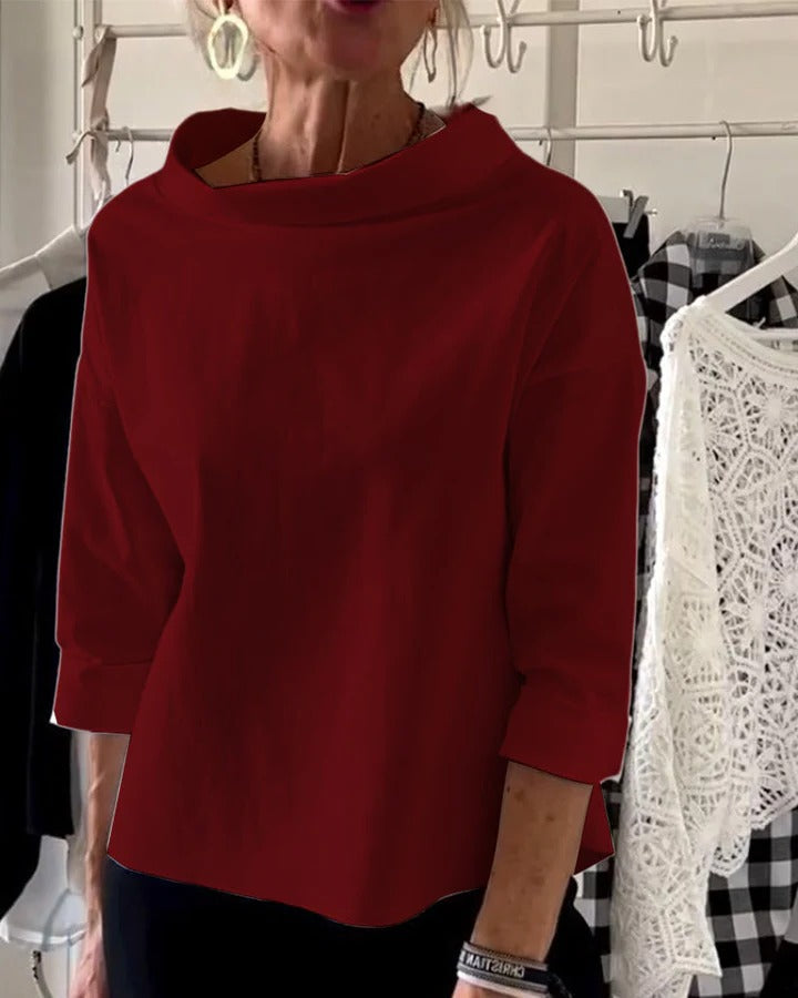 Womens High Collar Top with Three Quarter Sleeves and Relaxed Fit