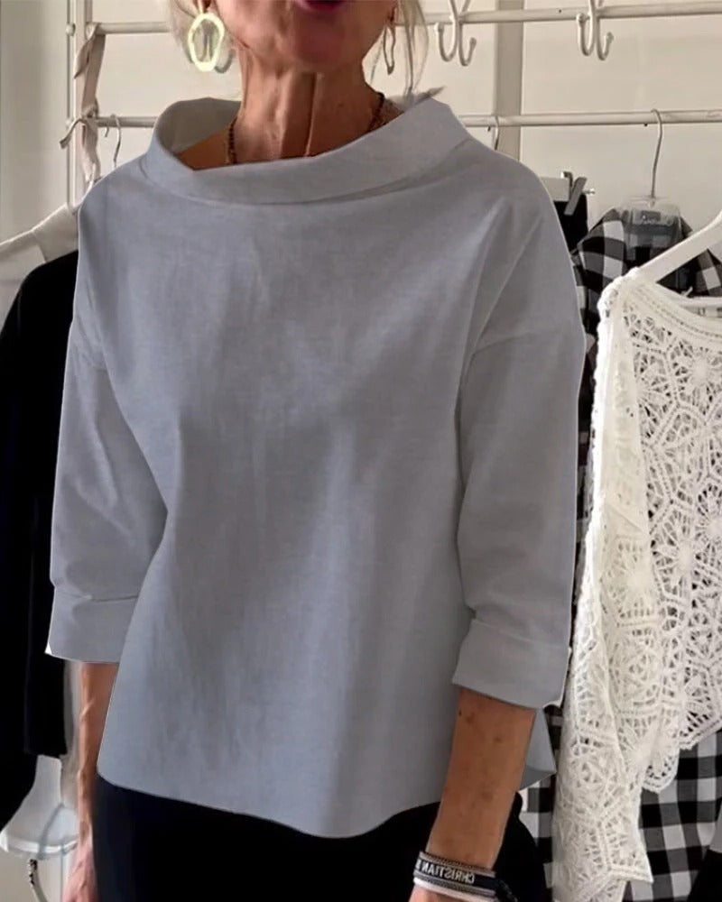 Womens High Collar Top with Three Quarter Sleeves and Relaxed Fit