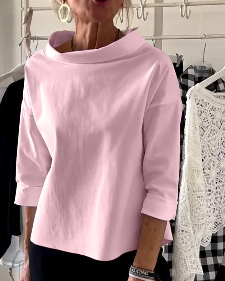 Womens High Collar Top with Three Quarter Sleeves and Relaxed Fit