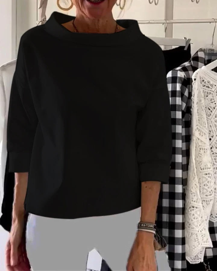 Womens High Collar Top with Three Quarter Sleeves and Relaxed Fit