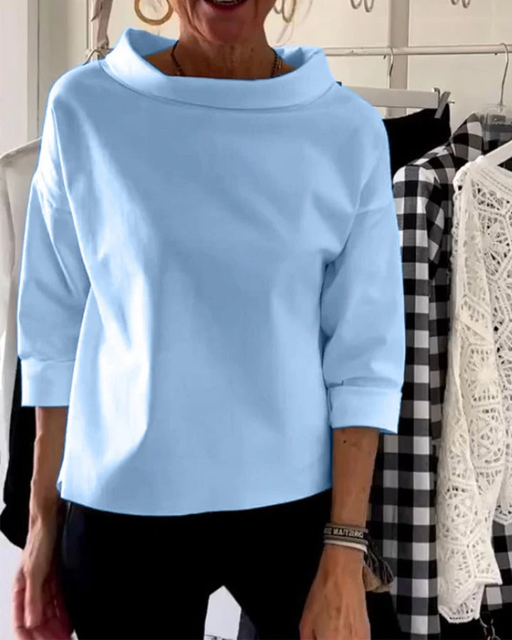 Womens High Collar Top with Three Quarter Sleeves and Relaxed Fit