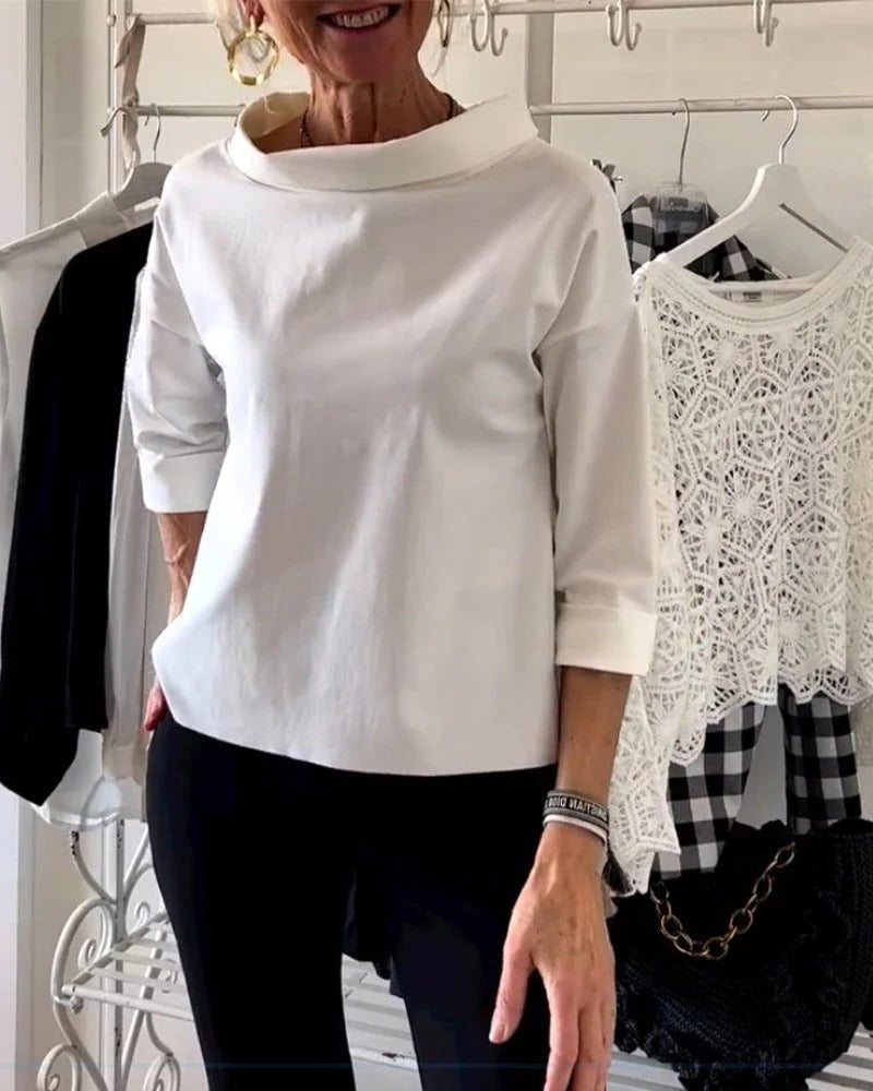 Womens High Collar Top with Three Quarter Sleeves and Relaxed Fit