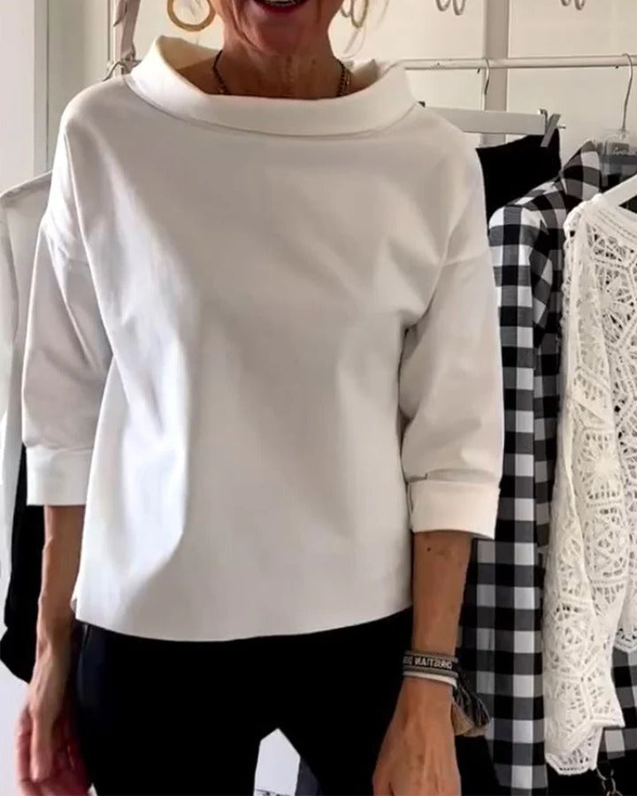 Womens High Collar Top with Three Quarter Sleeves and Relaxed Fit