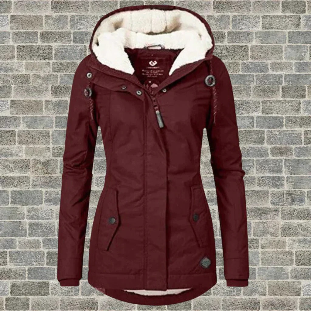 Pleated Winter Coat with Detachable Hood and Side Pockets