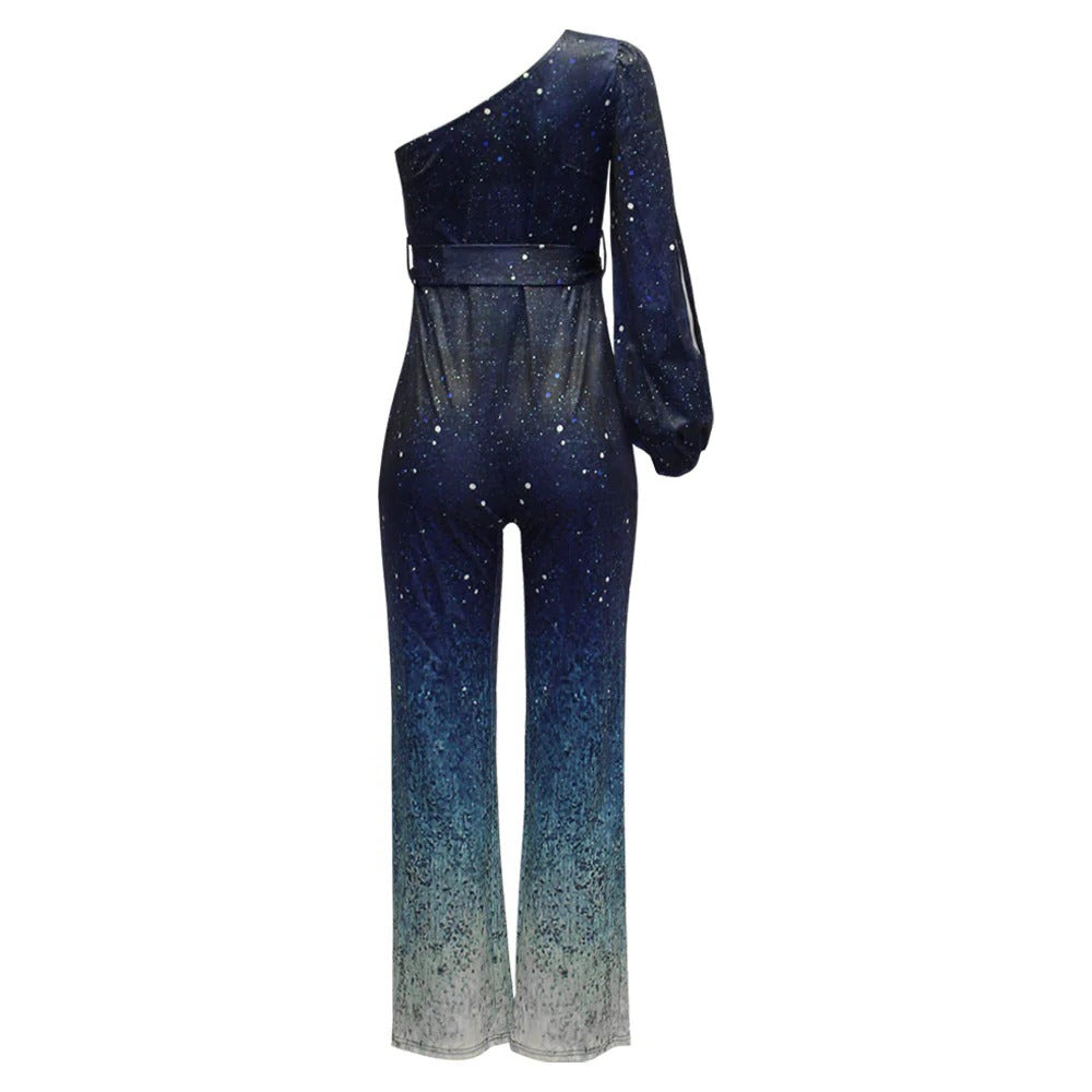 One Sleeve Disco Top and Floor Length Trousers Set Blue