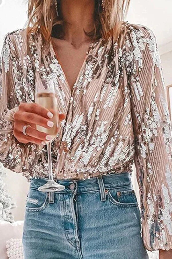 Womens Long Sleeve Sequin Blouse with Deep V Neckline for Evening Wear