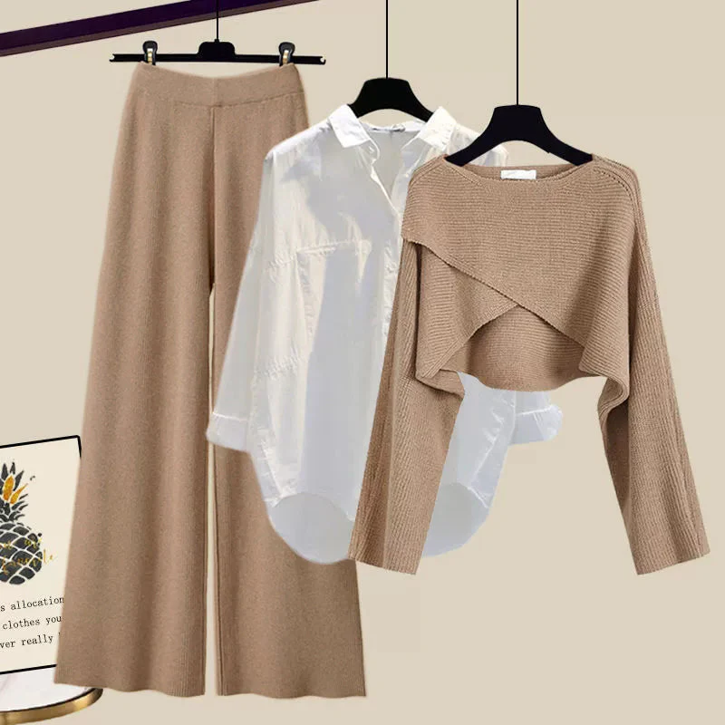 Knitted Sweater Set with Wide Leg Pants and Stretch Waistband