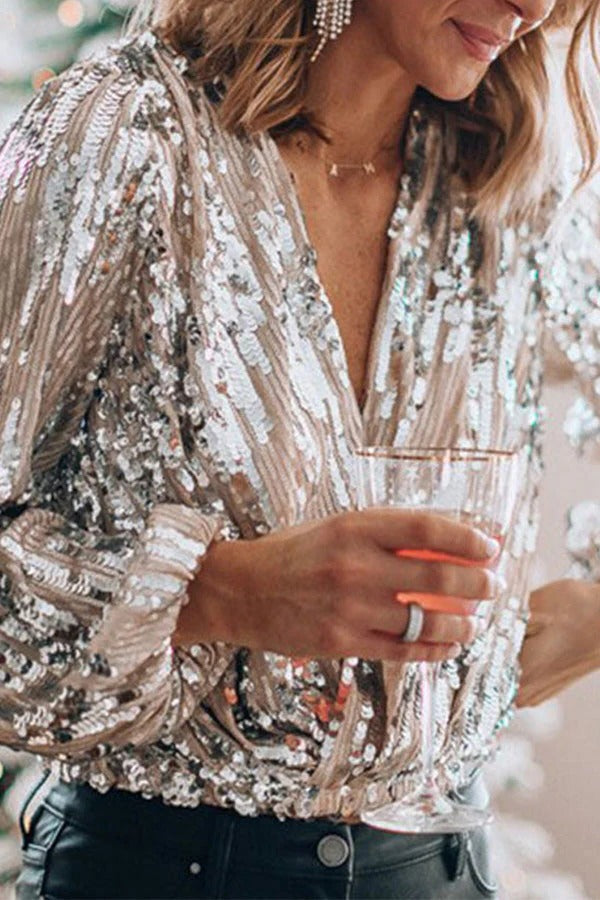 Womens Long Sleeve Sequin Blouse with Deep V Neckline for Evening Wear