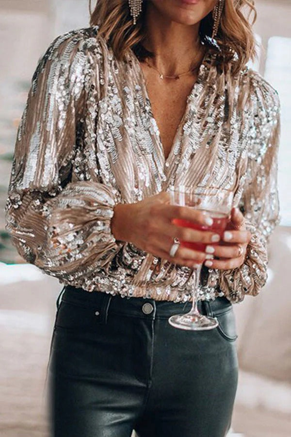 Womens Long Sleeve Sequin Blouse with Deep V Neckline for Evening Wear