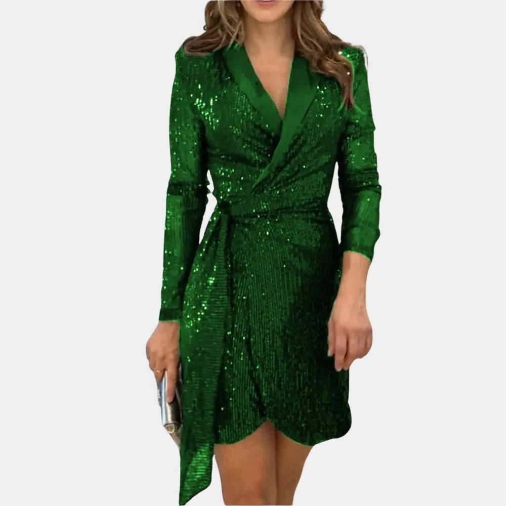 Belted Blazer Dress with Glitter Threading and Notched Lapel, Front Button Closure