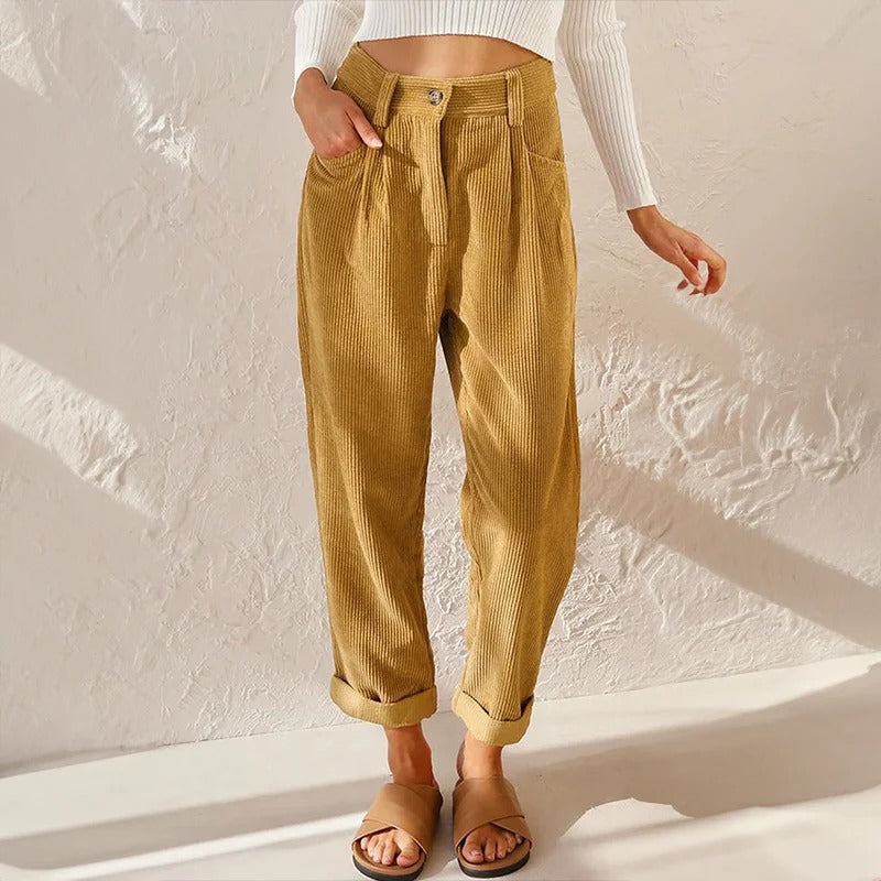 Women's Corduroy Pants with Elastic Waistband and Relaxed Leg Fit