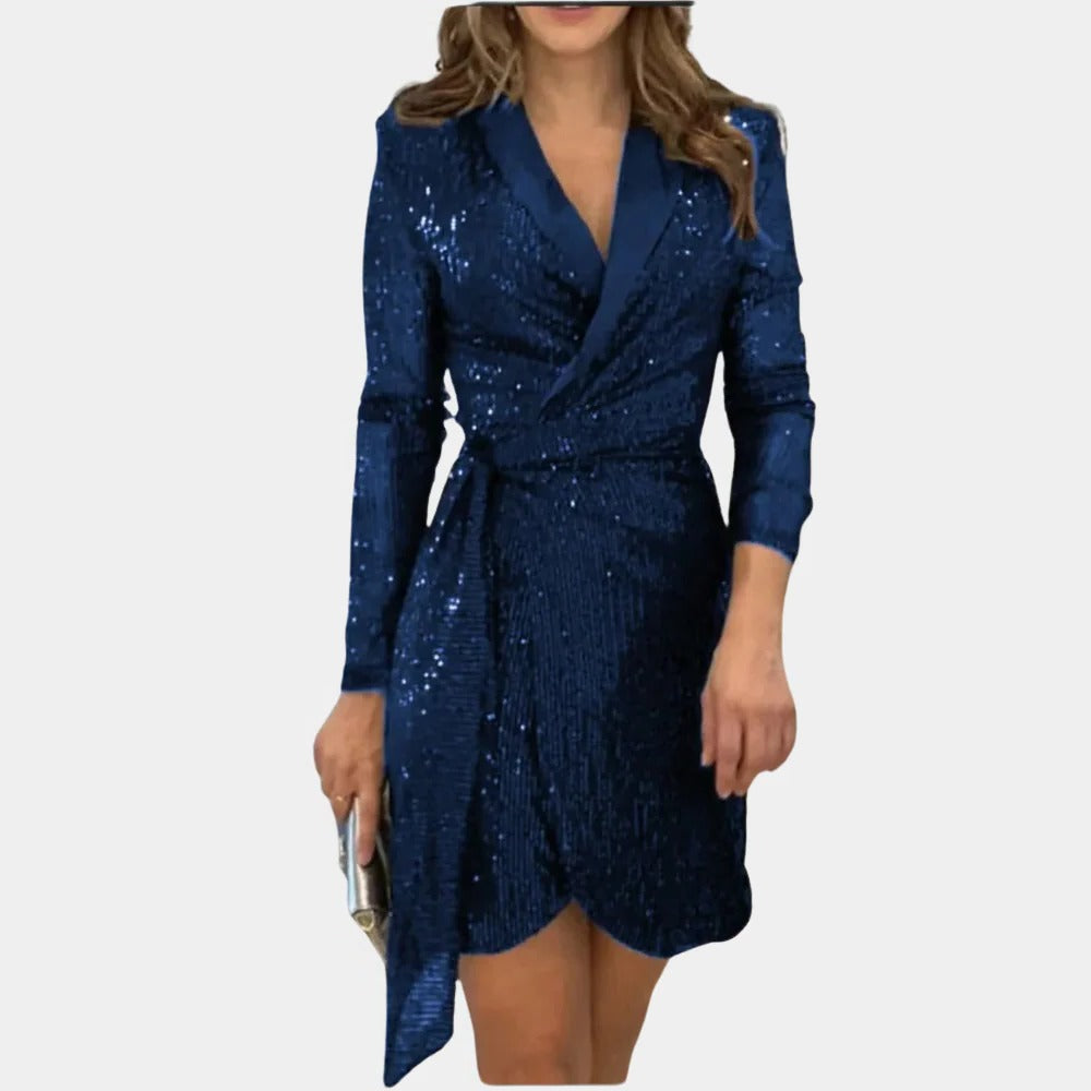 Belted Blazer Dress with Glitter Threading and Notched Lapel, Front Button Closure