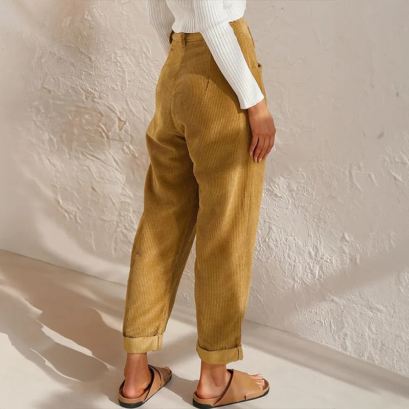 Women's Corduroy Pants with Elastic Waistband and Relaxed Leg Fit