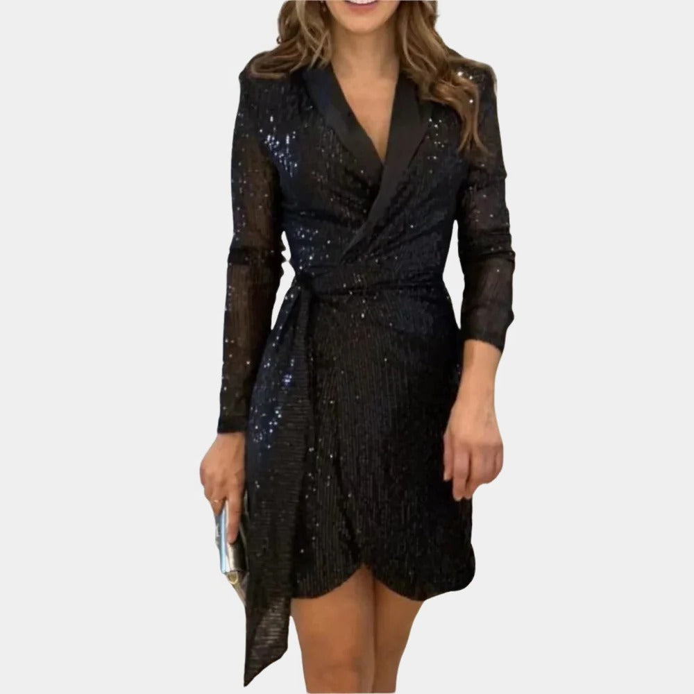 Belted Blazer Dress with Glitter Threading and Notched Lapel, Front Button Closure
