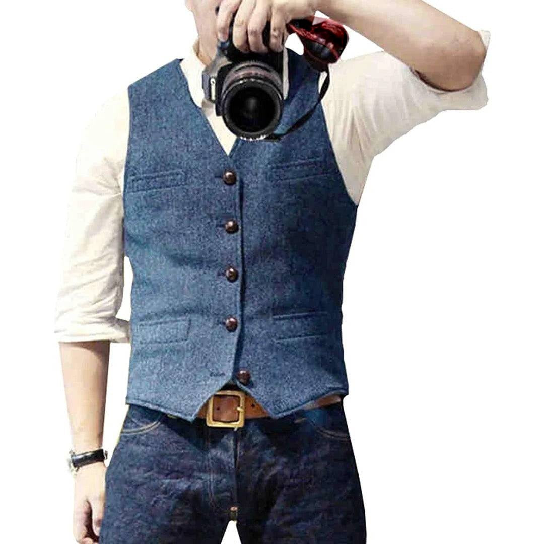 Mens Button Front Gilet with Wool Blend and Front Pockets