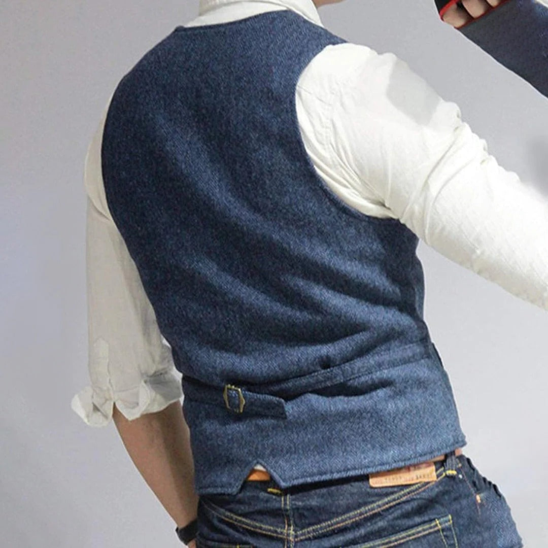 Men's Button Front Gilet with Wool Blend and Front Pockets