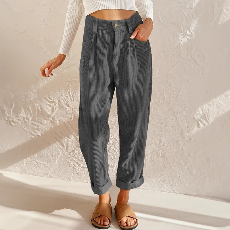 Women's Corduroy Pants with Elastic Waistband and Relaxed Leg Fit
