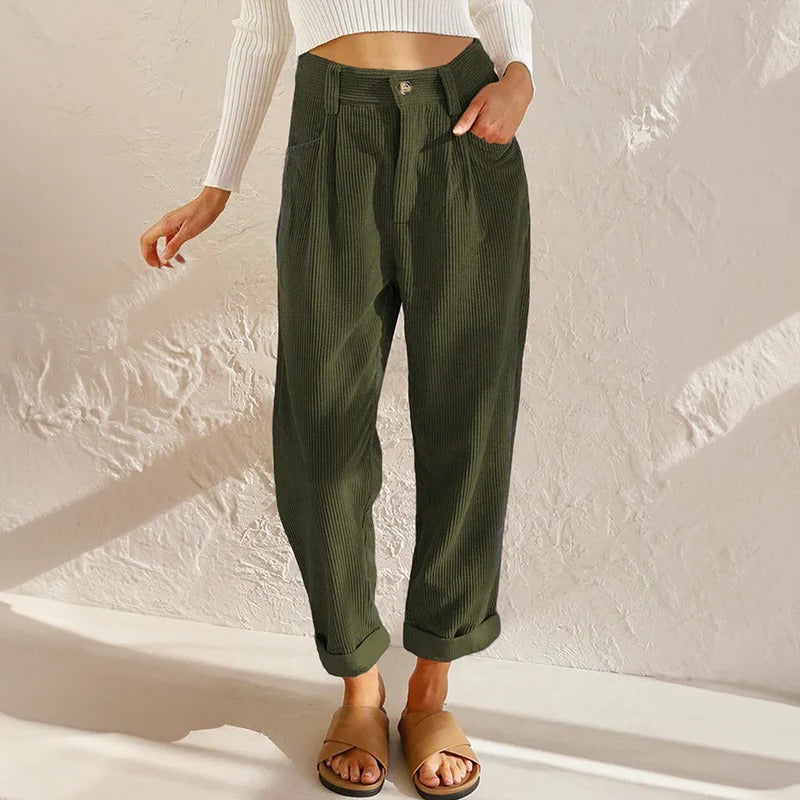 Women's Corduroy Pants with Elastic Waistband and Relaxed Leg Fit