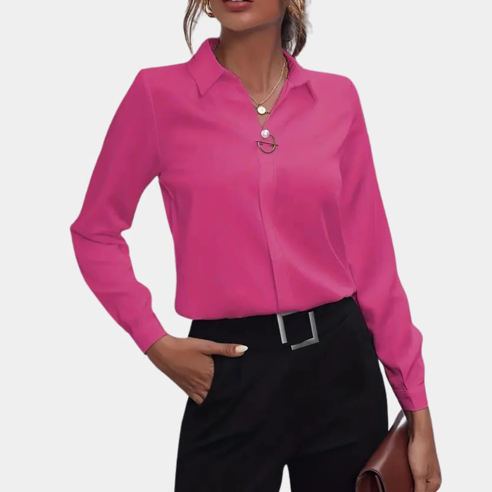 Women's Tailored Collar Blouse with Button Front and Fitted Waist