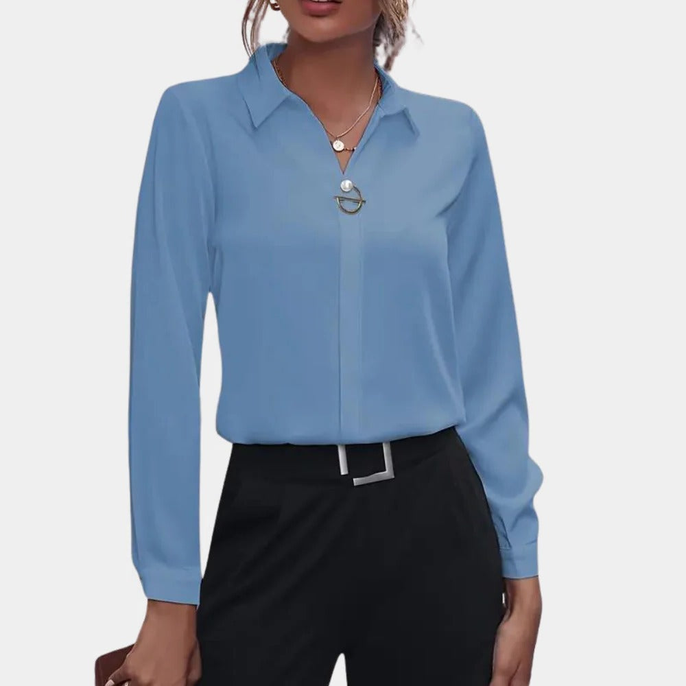 Women's Tailored Collar Blouse with Button Front and Fitted Waist