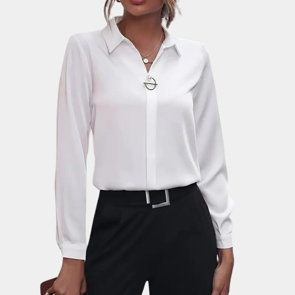 Women's Tailored Collar Blouse with Button Front and Fitted Waist