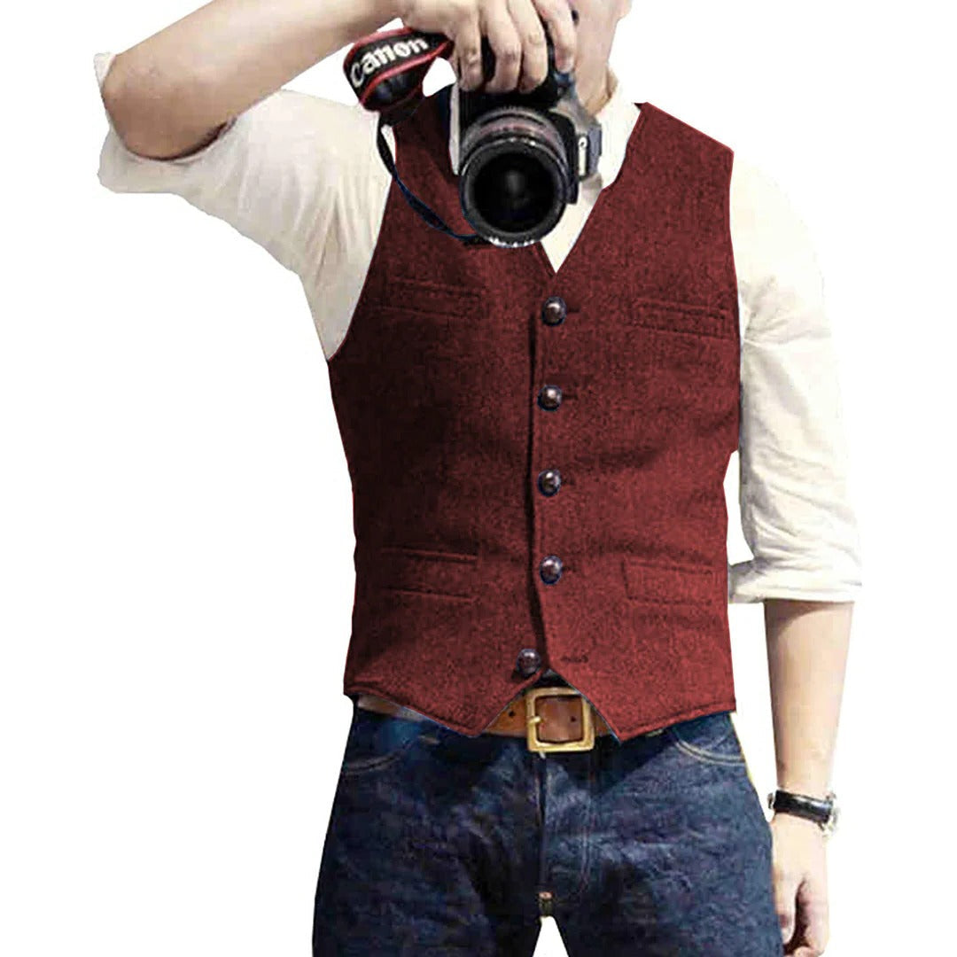 Men's Button Front Gilet with Wool Blend and Front Pockets
