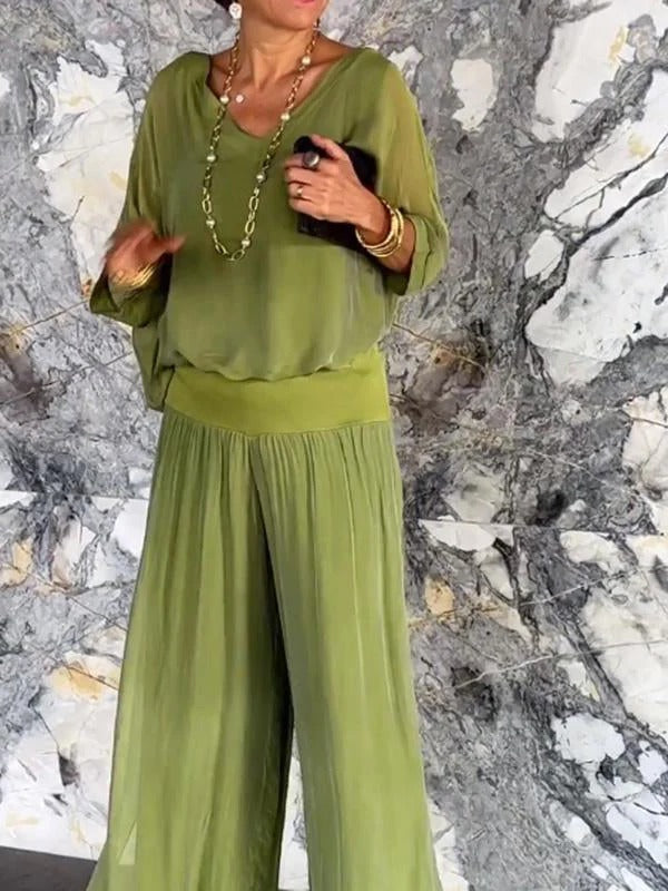 Womens Two-Piece Chiffon Set with Wide Leg Pants and Decorative Top
