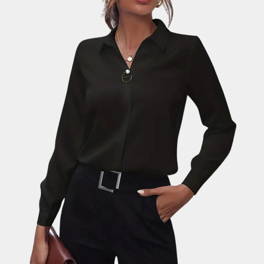 Women's Tailored Collar Blouse with Button Front and Fitted Waist