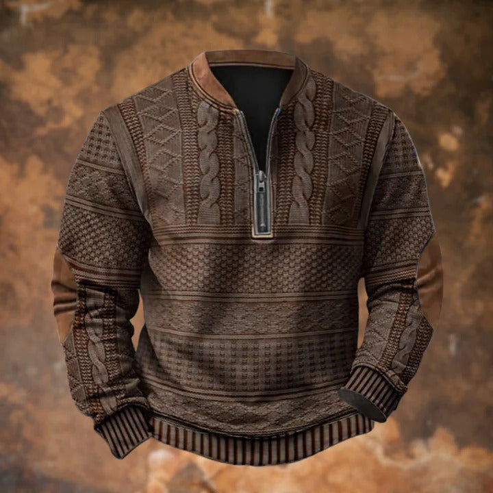 Mens Quarter Zip Pullover Sweater with Cable Knit Pattern and Elbow Patches