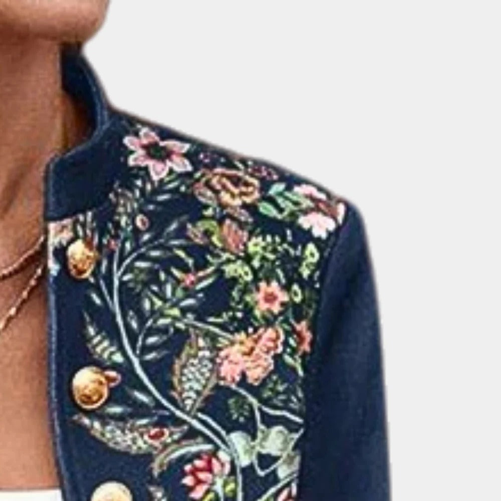 Collarless Floral Blazer with Open Front Design and Polyester Construction