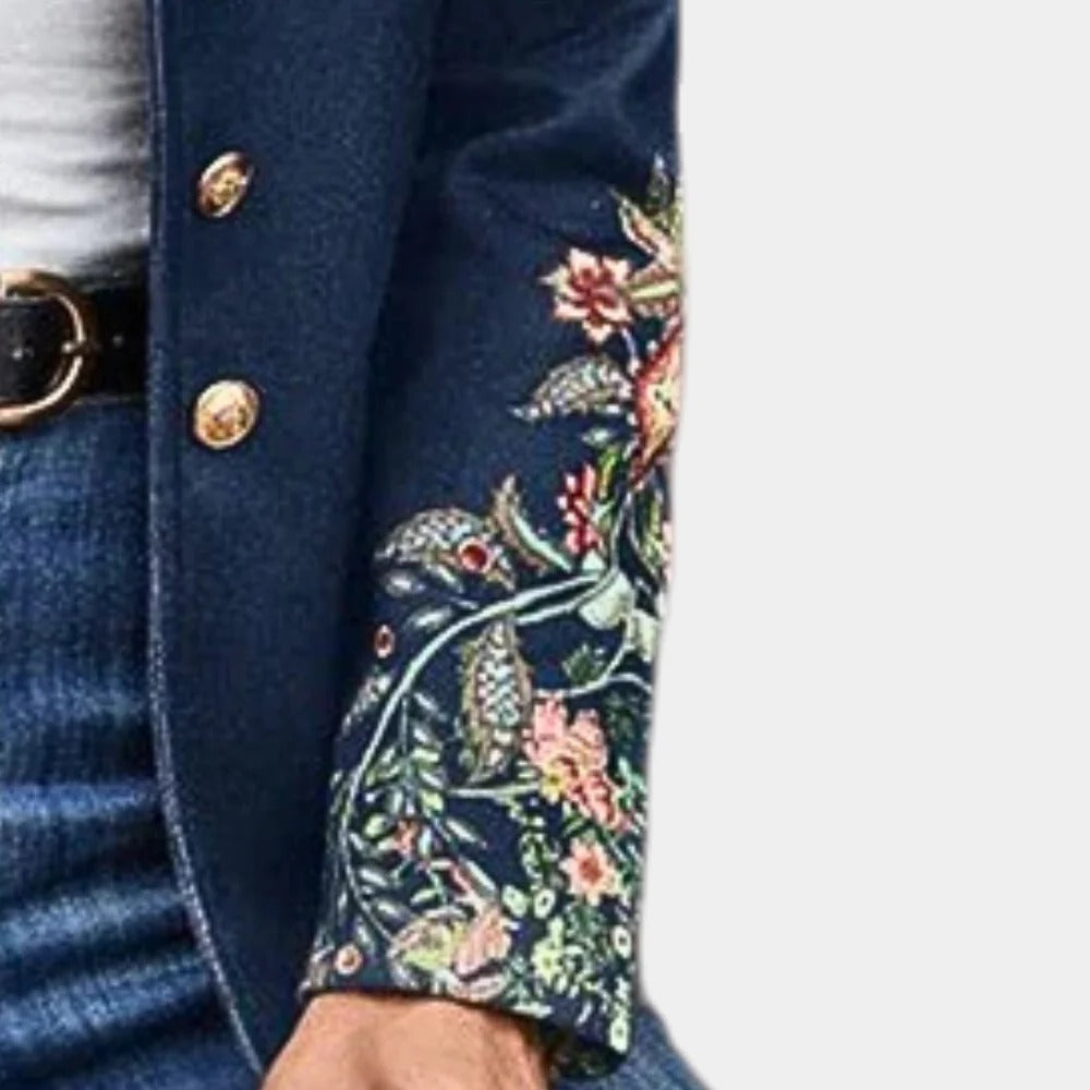 Collarless Floral Blazer with Open Front Design and Polyester Construction