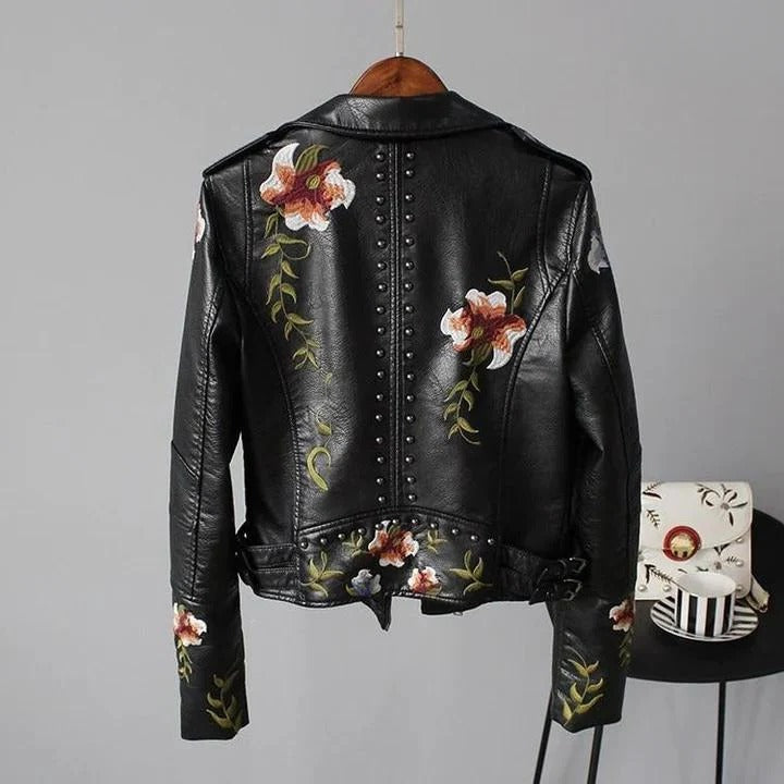 Floral Embroidered Faux Leather Moto Jacket with Studded Trim, Cropped Fit
