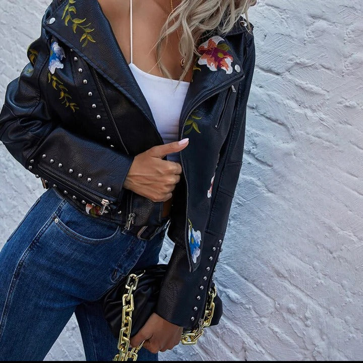 Floral Embroidered Faux Leather Moto Jacket with Studded Trim, Cropped Fit