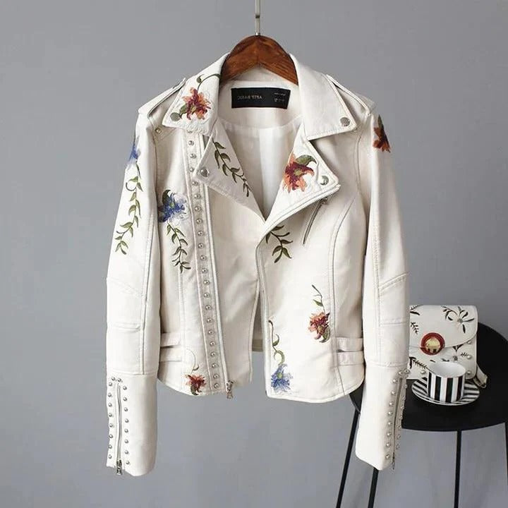 Floral Embroidered Faux Leather Moto Jacket with Studded Trim, Cropped Fit