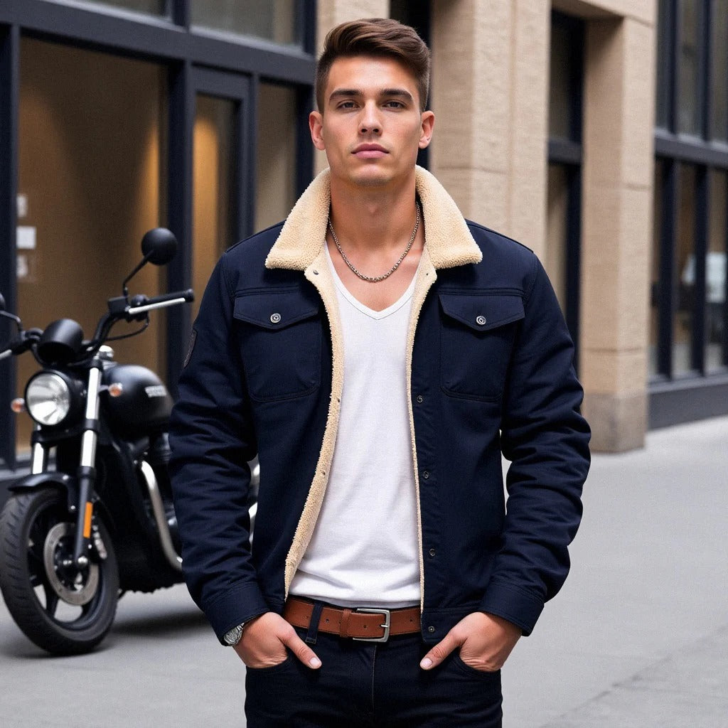 Men's Bomber Jacket with Ribbed Knit Trim and Front Zipper, Vintage Winter Style