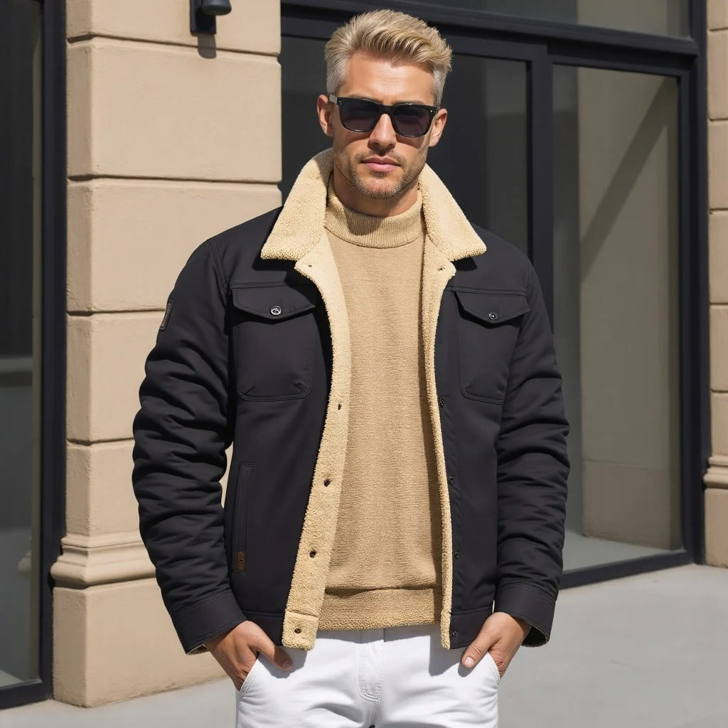 Men's Bomber Jacket with Ribbed Knit Trim and Front Zipper, Vintage Winter Style